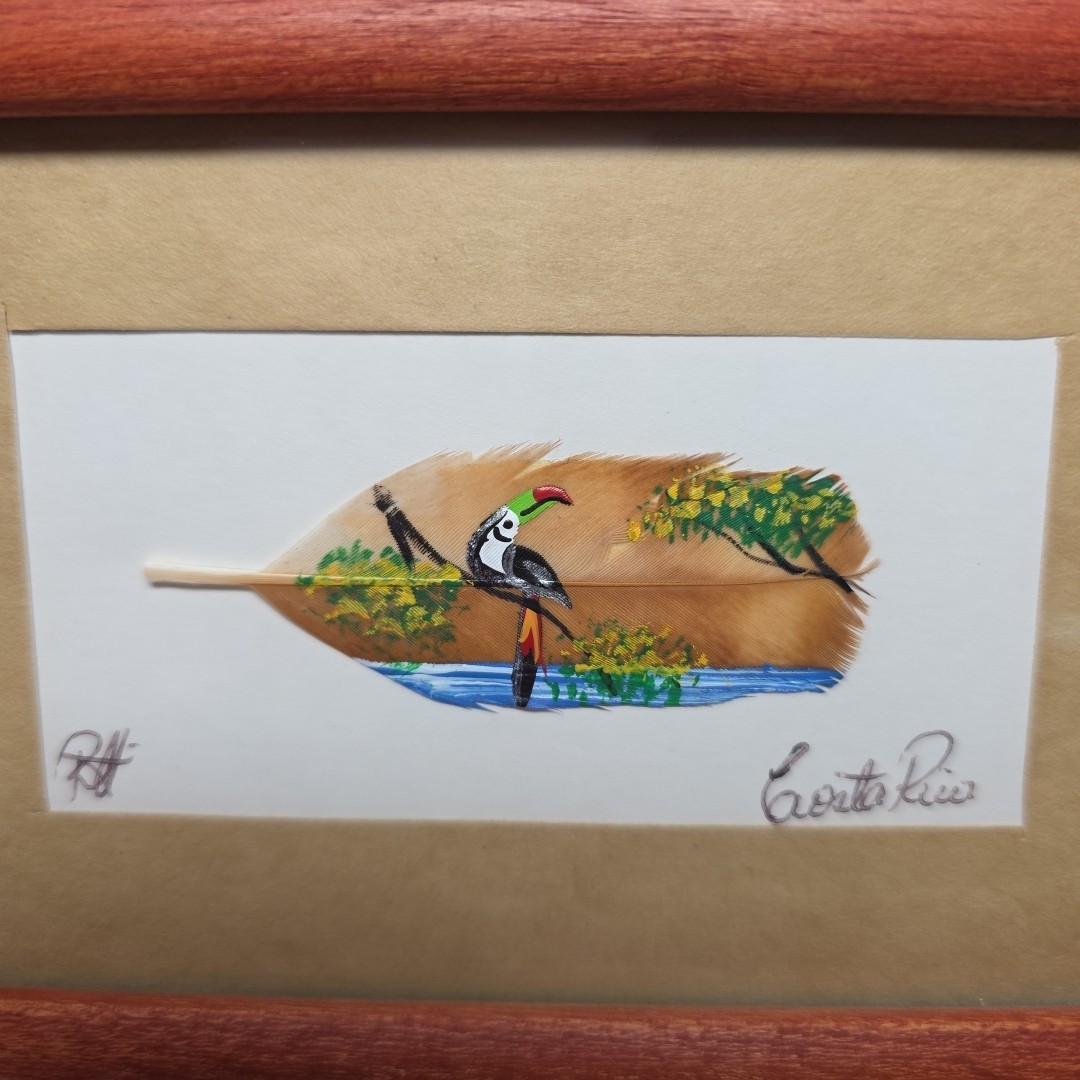 VINTAGE HAND PAINTED FEATHER ART TOUCANS ON BRANCHS COSTA RICA SIGNED FRAMED 2