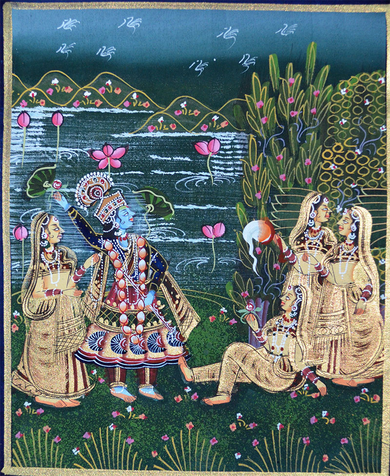 Radha Krishna Miniature Original Painting on Silk Cloth India Natural Colors!