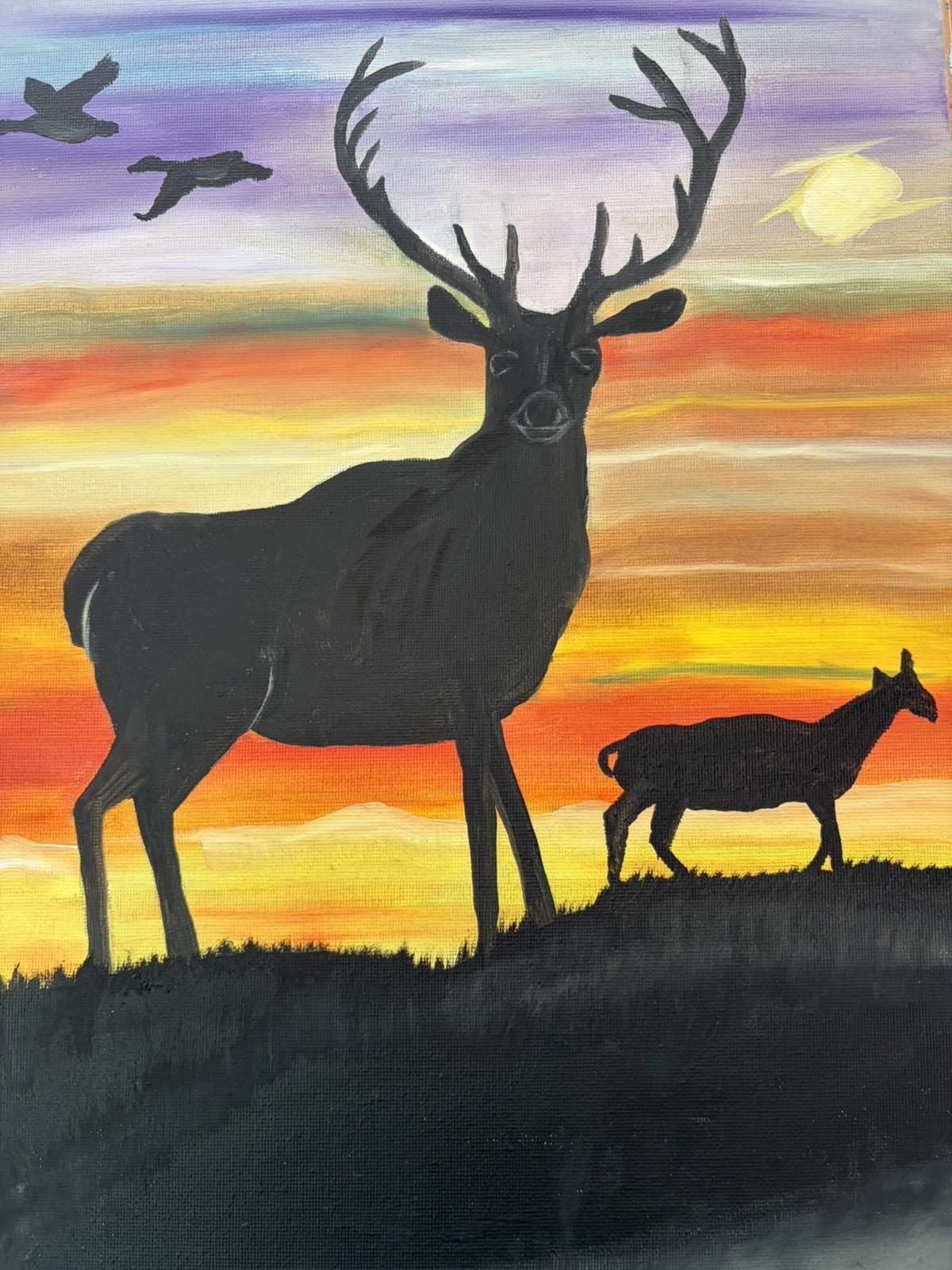 Original oil painting 11 x 14 inches buck deer in silhouette at sunset