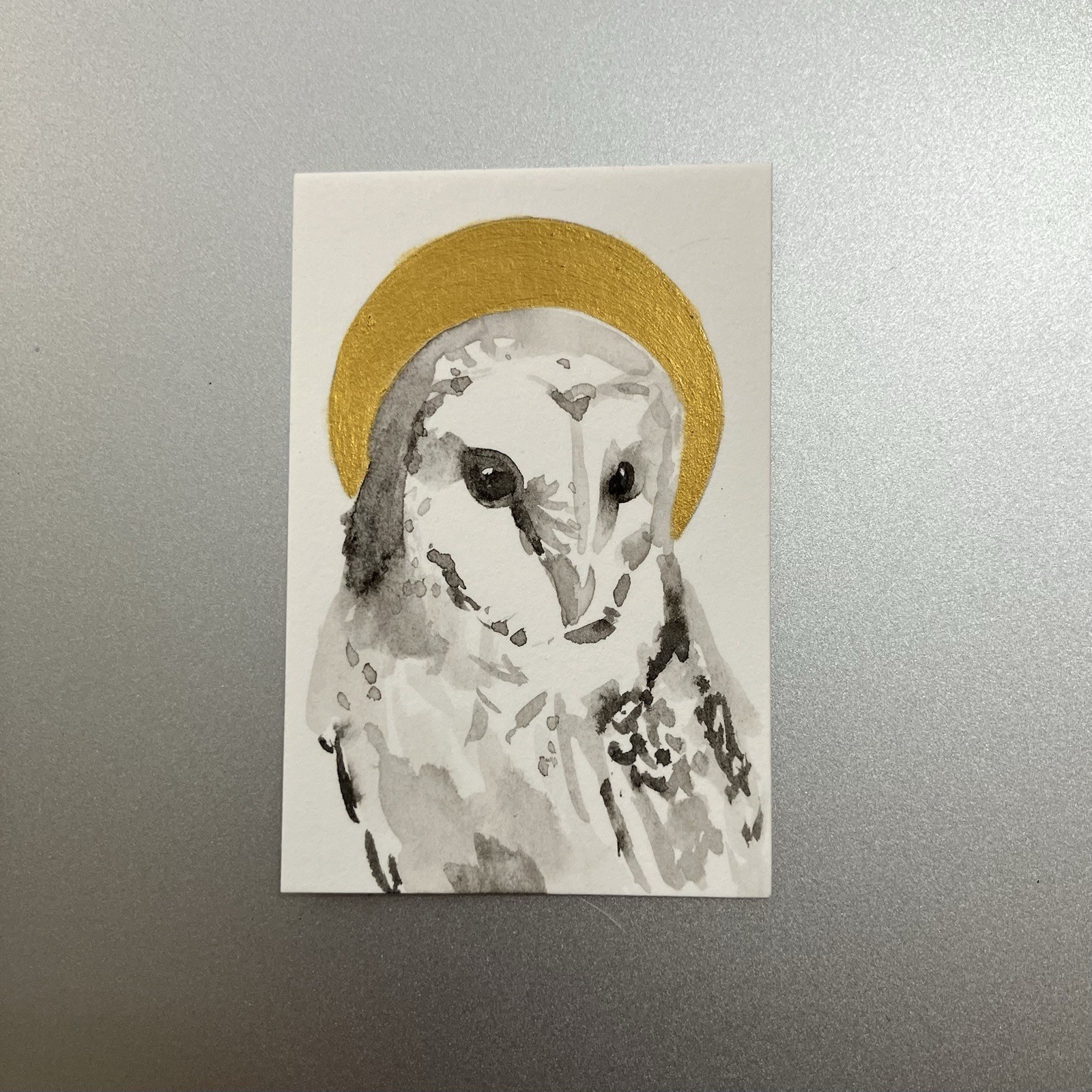 Original Owl In Sunset Painting realism Miniature Bird Art Sumi-e Ink Gold USA