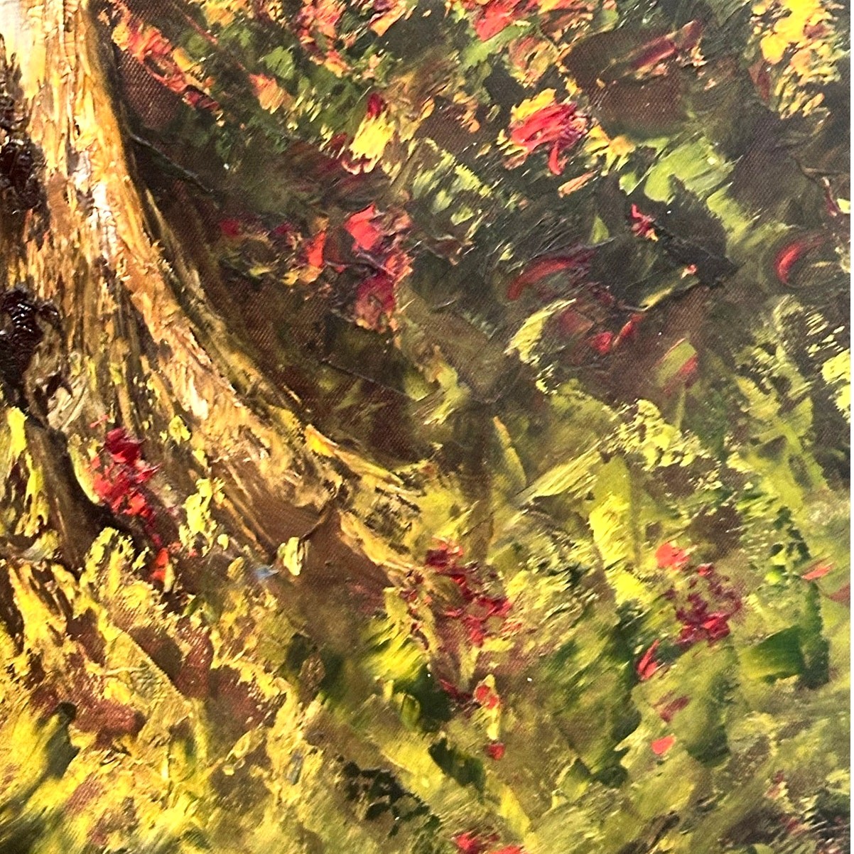 Wrought Iron Wall Hanging Hand Painted Oil Canvas Autumn Forest Scene 36” x 42”