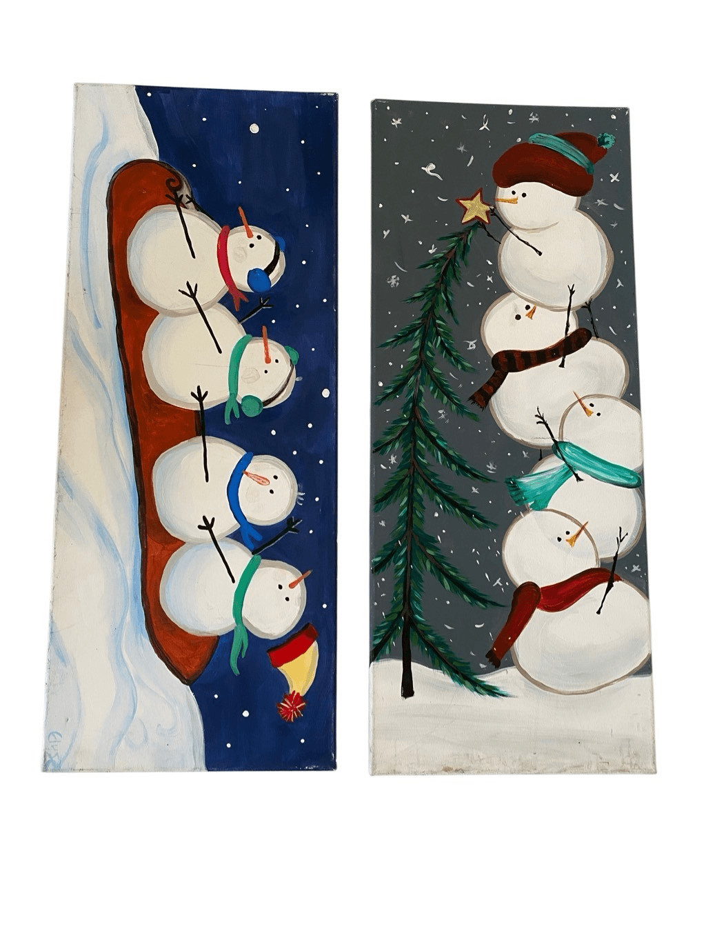 Lot of 2 Handpainted Snowman Christmas Canvas Paintings Xmas Decor Home Decorati