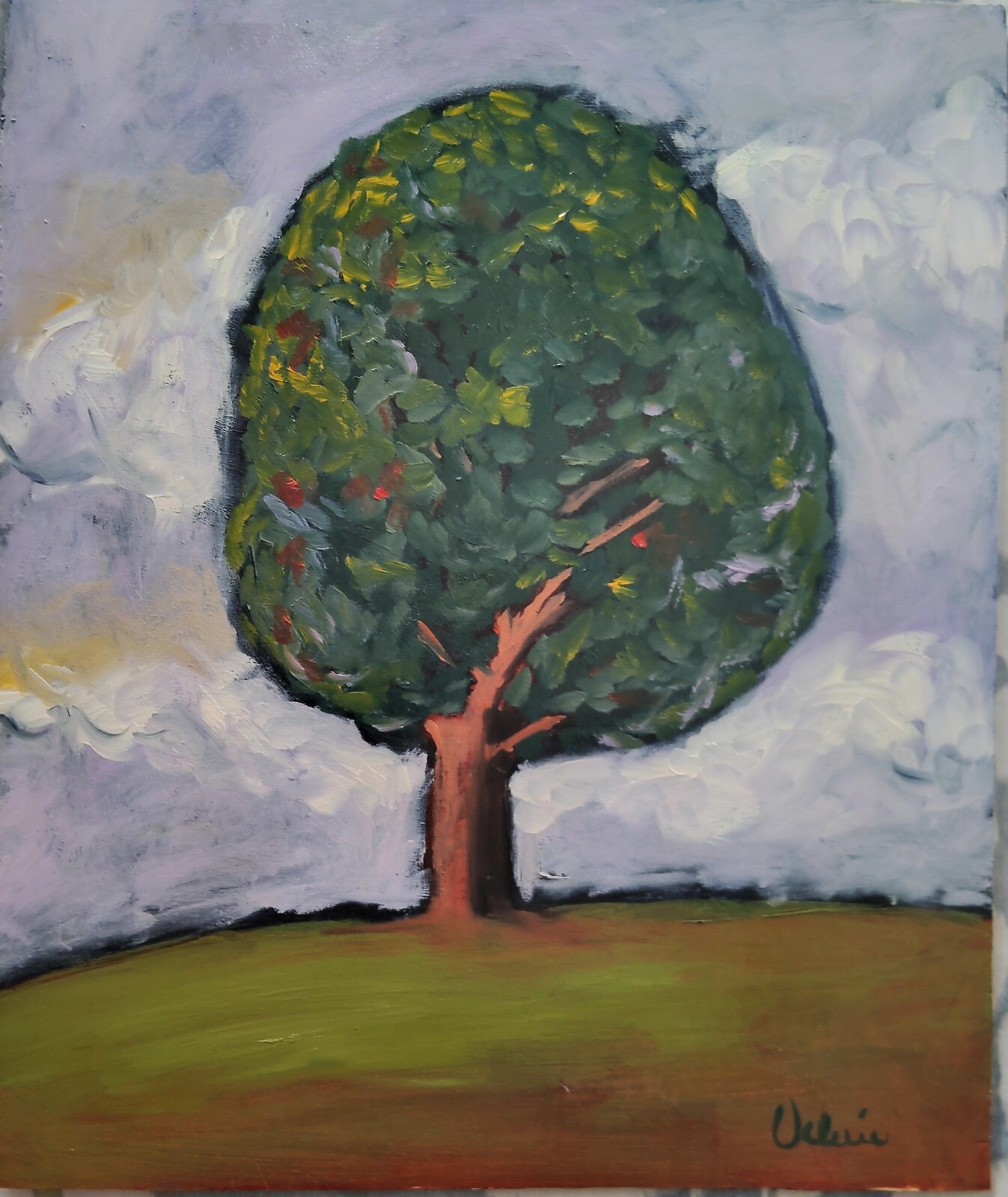 Original Oil Painting/Signed/On Board/American Folk Art/Tree In A Field/Nature