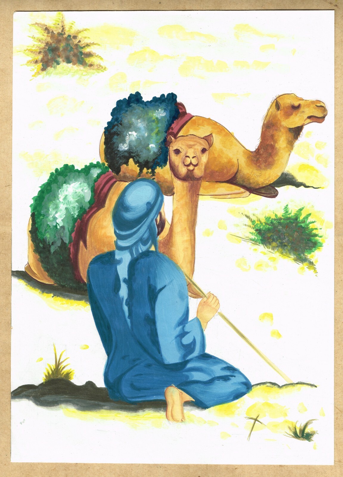 Persian Painting of a Man sitting with Camel Fine Art On Paper 8×11 Inches