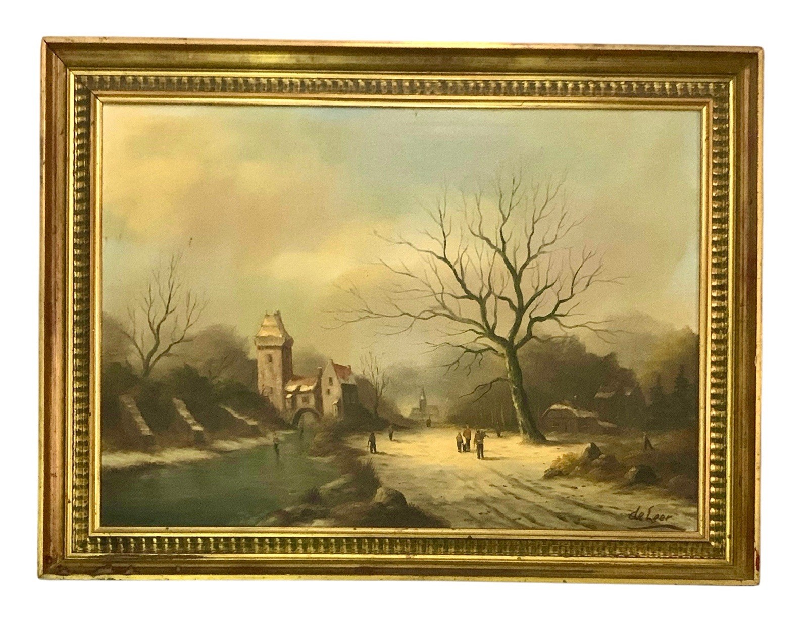 Painting Dutch City by Rhine River in Winter Vintage Oil on Canvas Signed Framed