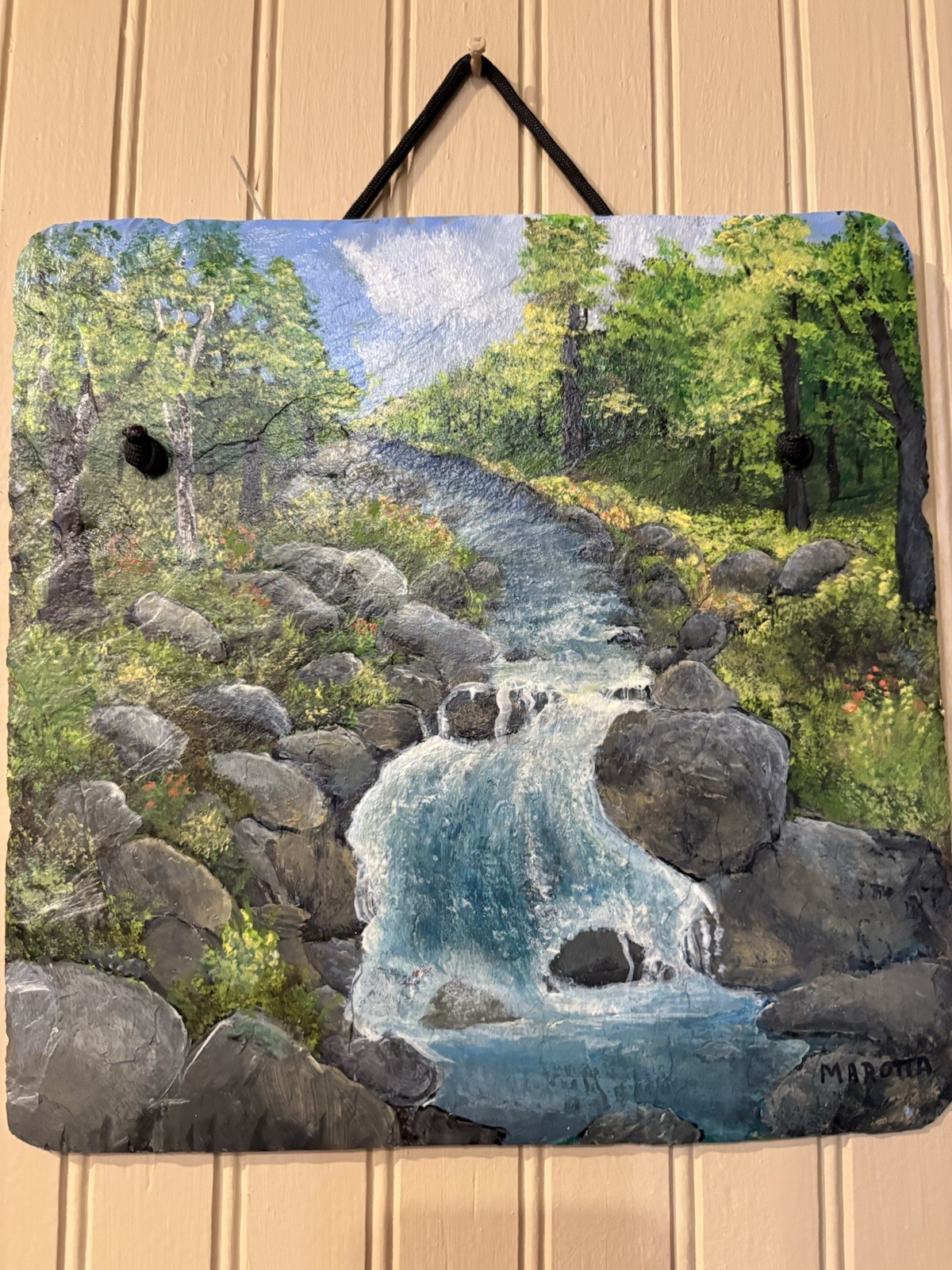 Hand painted Art Acrylic Painting On Slate water stream nature landscape Scene