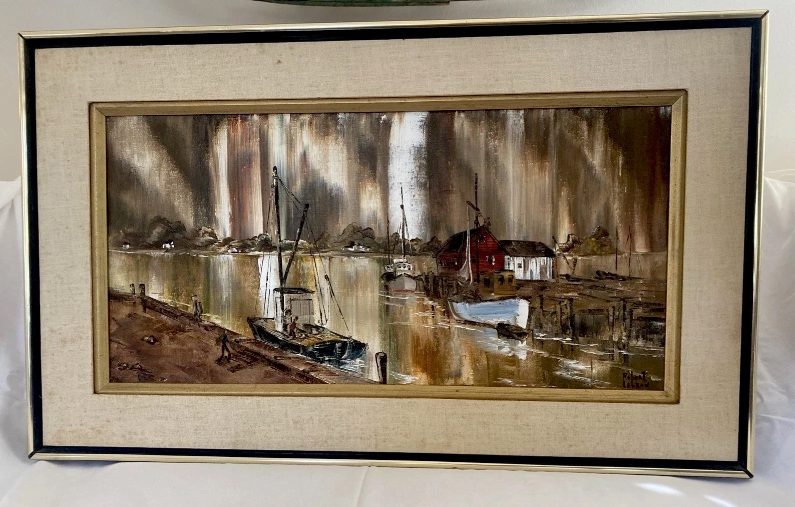 Robert Lebron Impressionist Painting Original Fishing Boats Harbor Scene