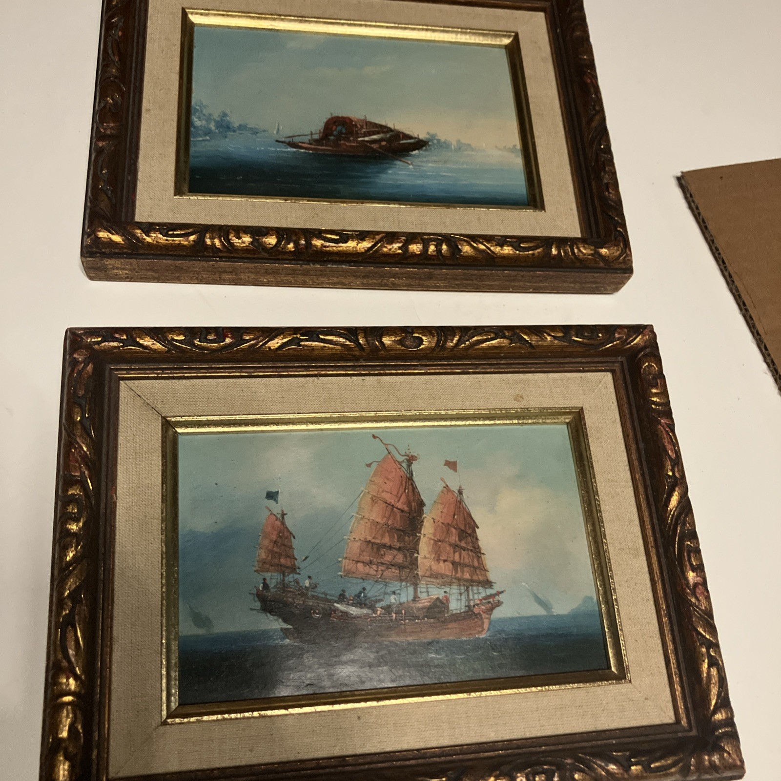 2 Fine Small MCM Junk Boat Paintings Framed 7″ X 9″