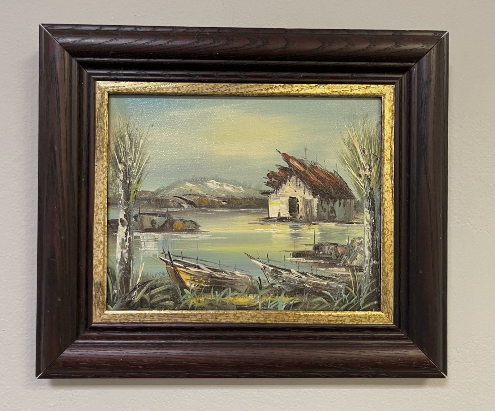 Vintage ORIGINAL Seascape Boathouse Winter Ocean Bay Unsigned FRAMED Aqua Ivory
