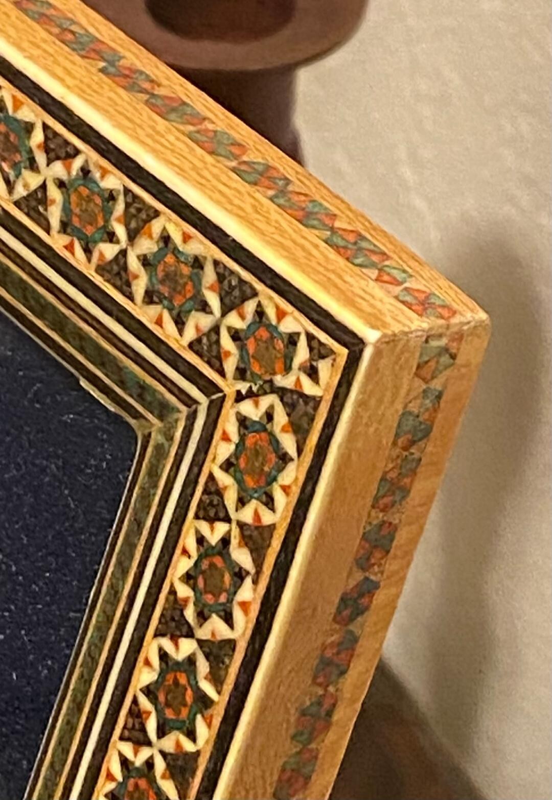Persian Hand Painted Camel Bone Artwork in Wood Khatam Marquetry Frame Folk Art