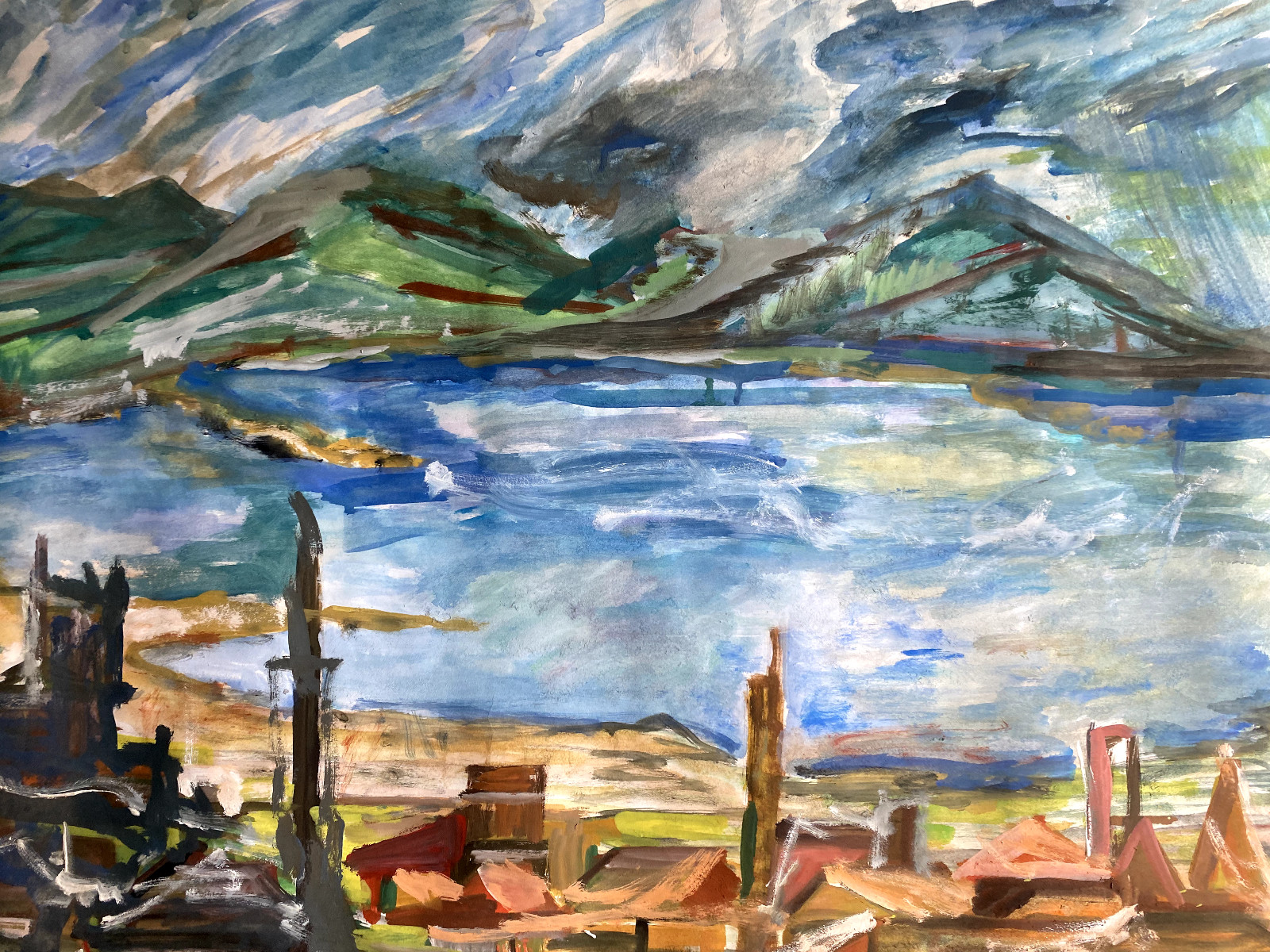 ::SEASIDE TOWN COAST °MOUNTAIN EXPRESSIONIST WATERS °INDISTINCTLY SIGNED
