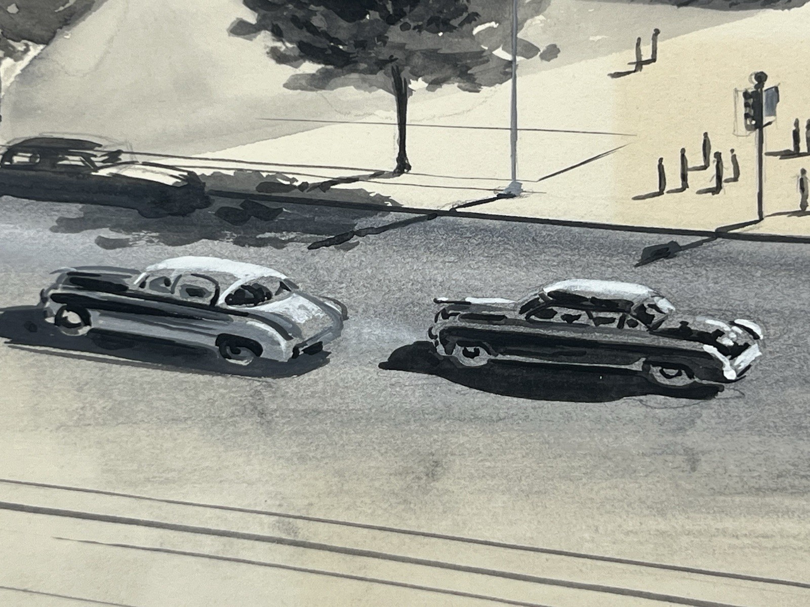 Postwar Ink & Wash Painting City Scene with Classic Cars 10×15” Illustration Art