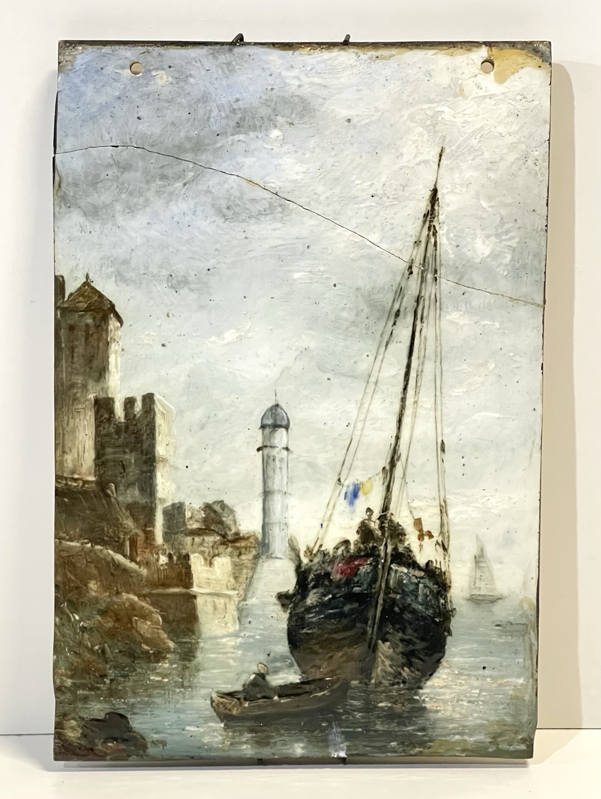 Antique Painting On Pottery Plaque Harbor Scene As Is