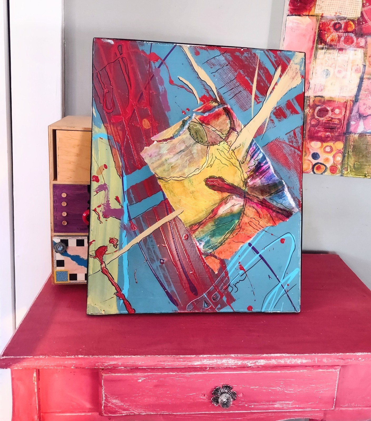 Abstract Acrylic & Paper Vibrant Color Painting on Canvas -«With or Without You»