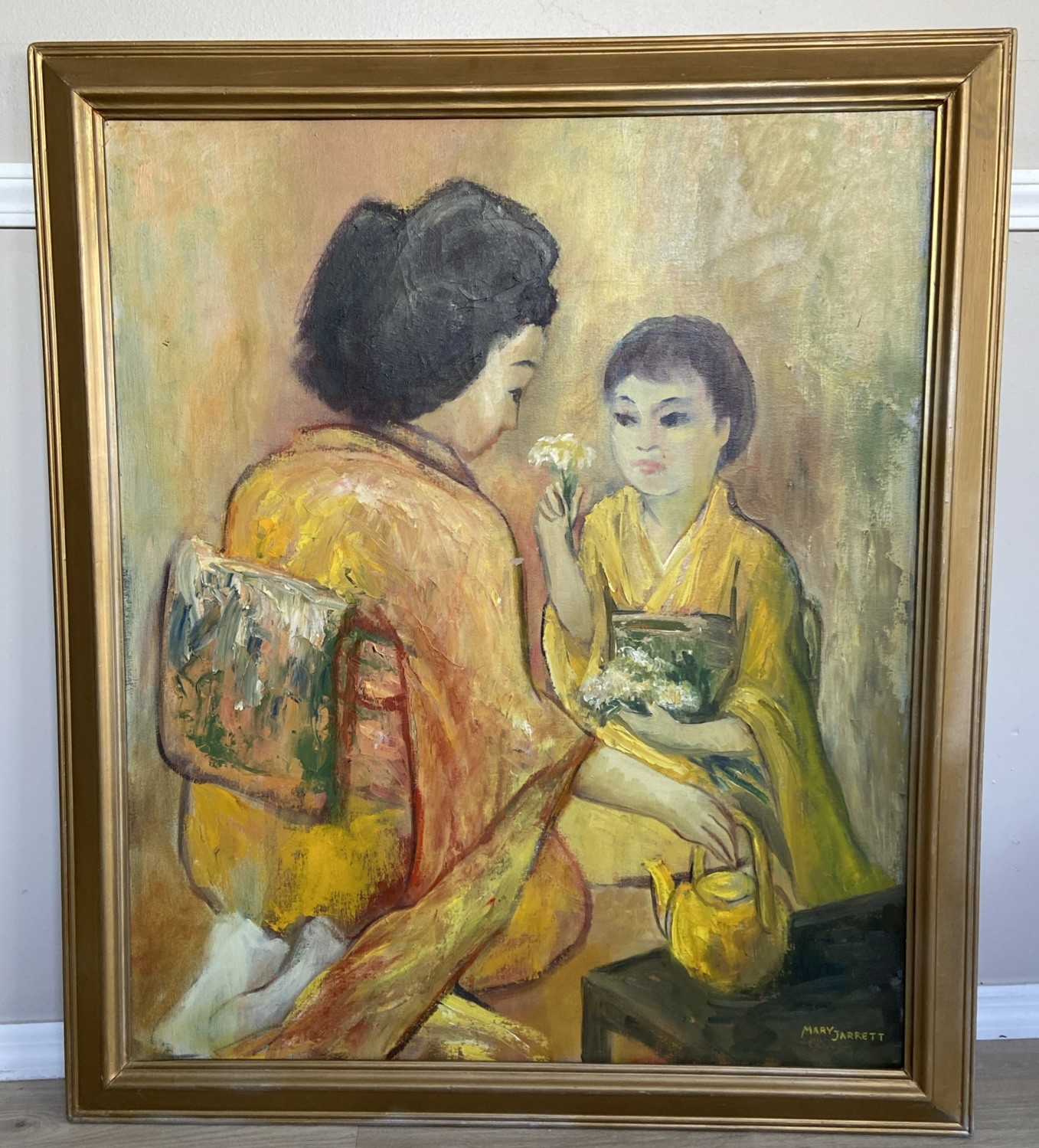 MARY JARRETT 1912-1983 BEVERLY HILLS, CALIFORNIA CHINESE GEISHA OIL PAINTING VTG