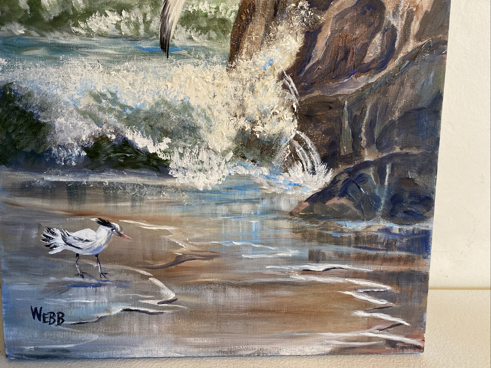 Seascape Lighthouse Acrylic Painting Signed WEBB Waves Crashing Rock Seagulls