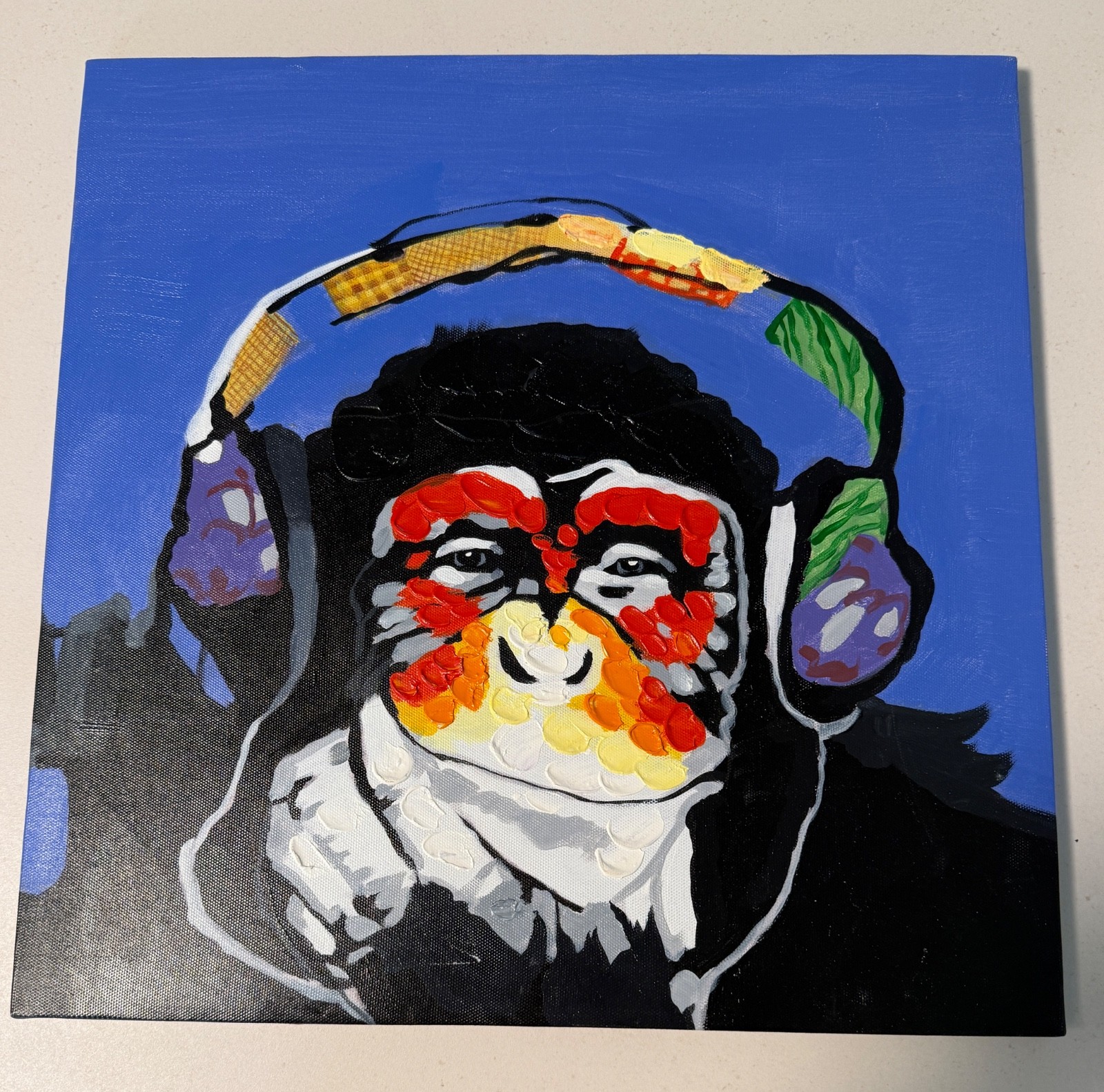 Whimsical Monkey Chimp Headphones Painting Original Acrylic Pop Art 15.5″ Square
