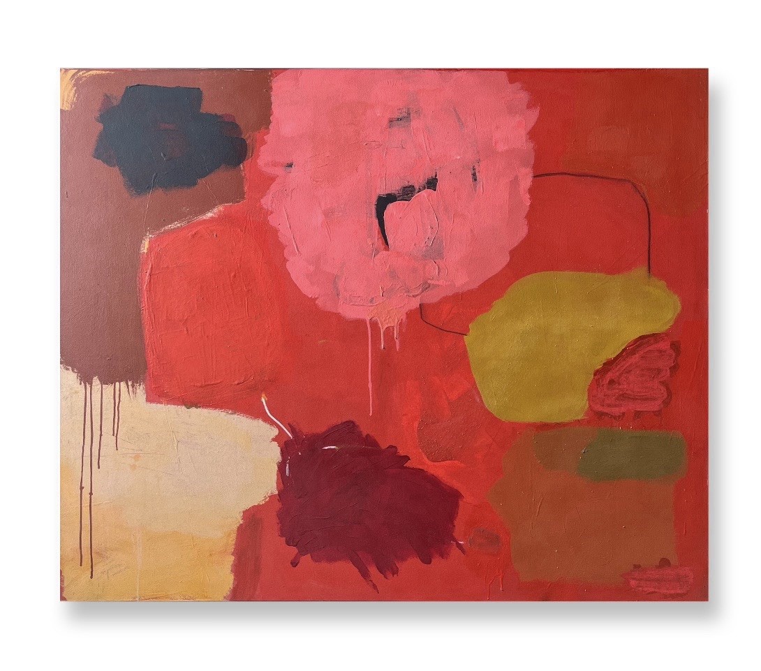 Large Abstract Painting in Reds by Artist John Luckett, 48” X 60”, Signed