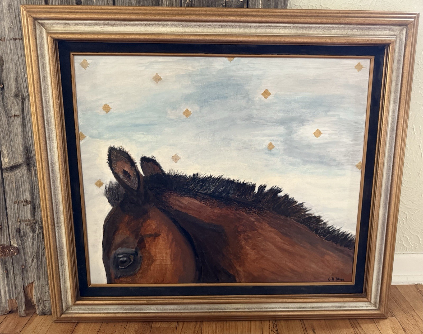 Horse themed painting of a bay colt Signed framed original western art cowboy