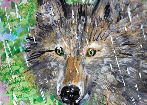 ORIGINAL ACEO Painting Spring Grey WOLF Rain Wild Dog Animal Tree Nature ATC ART