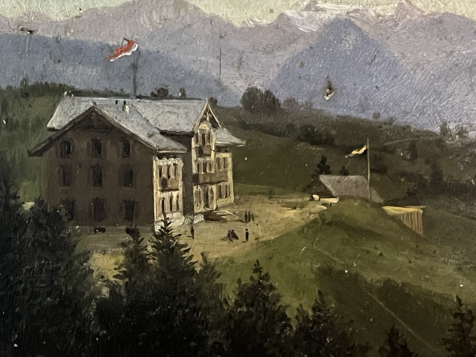 Painting Mountain Landscape with House and Flag Signed A. Schönberger 1880