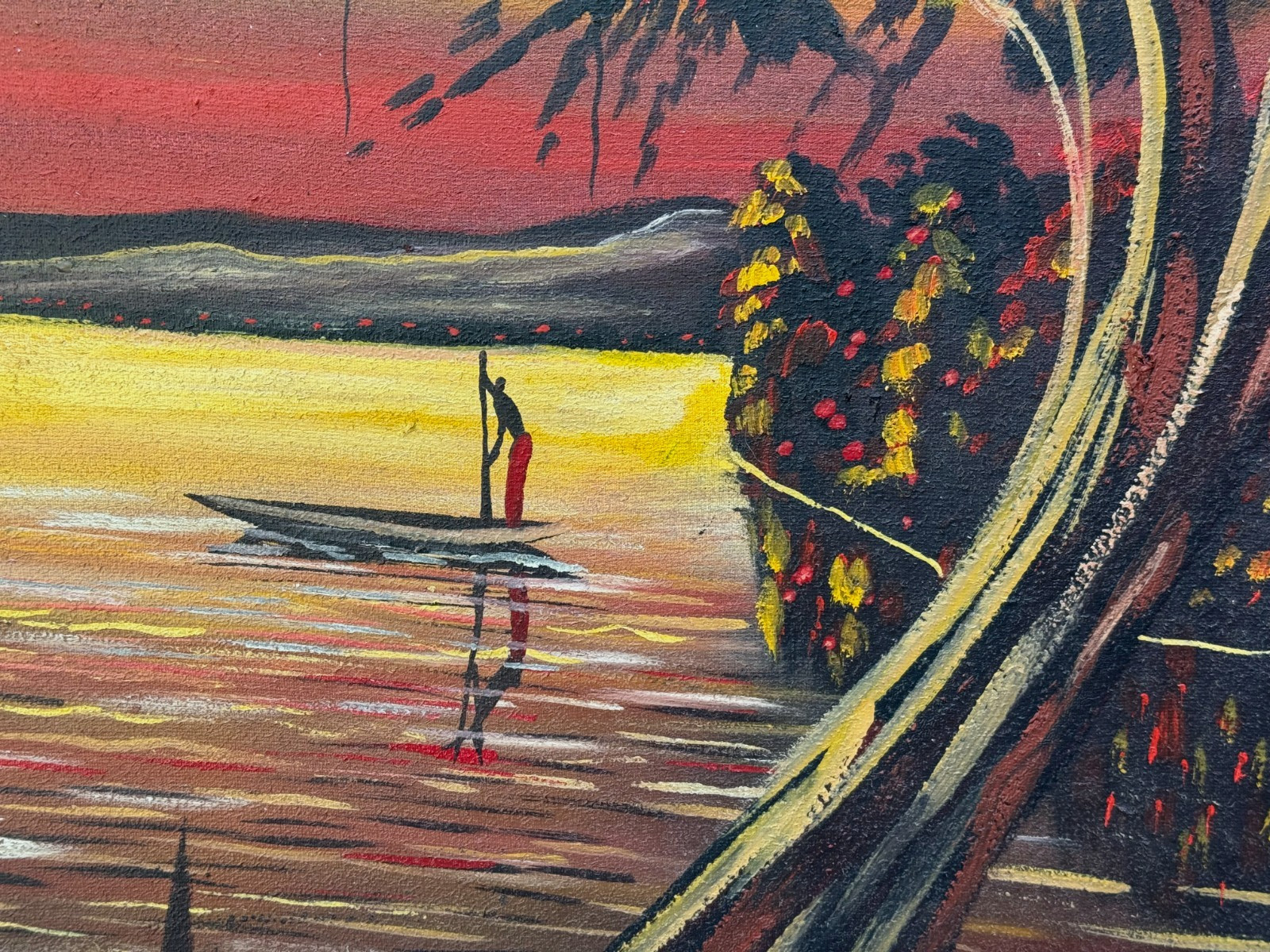 DINGA SAMUEL AFRICAN LANDSCAPE OIL PAINTING MAN CROSSING RIVER AFRICA CONGO MCM