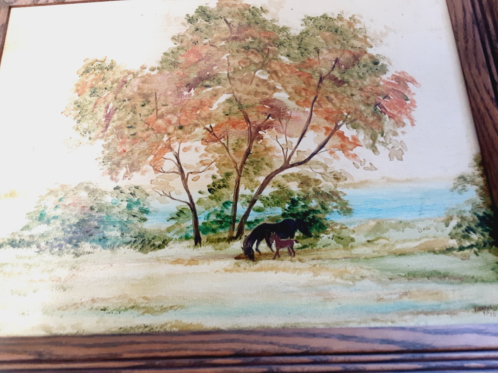 Norvelle Brown Painting 1975 Acrylic On Wood Mare And Colt Under Scenic Trees
