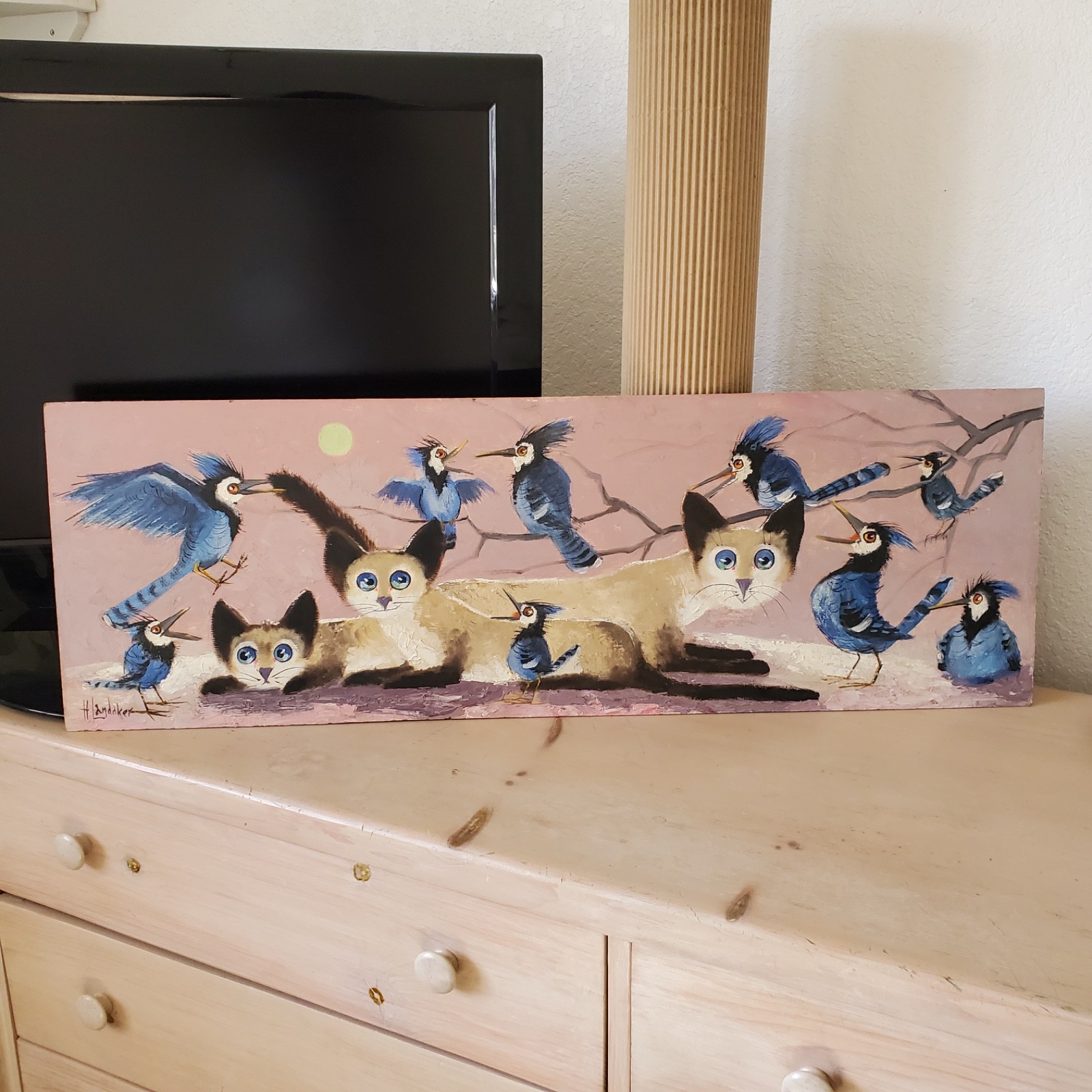 Harold Landaker Vintage «JAY WATCHERS» Cat Blue BIrd Painting on Board