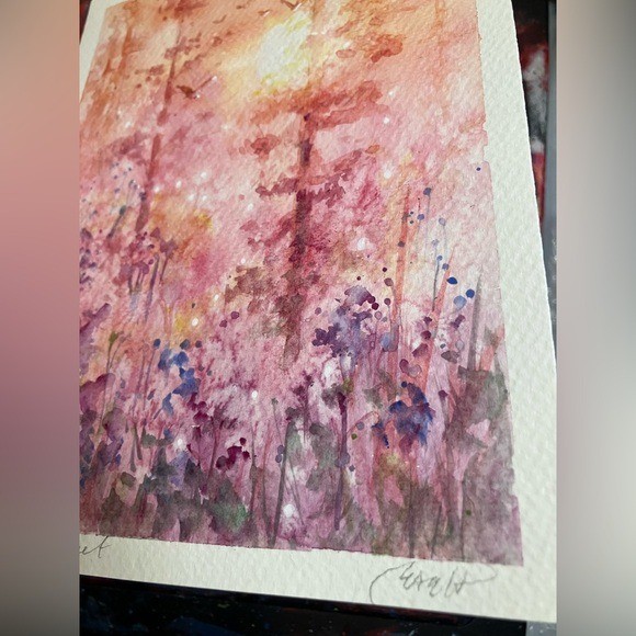 ORIGINAL Landscape Painting Sunset Tree Garden Watercolor Artwork nature EAEH