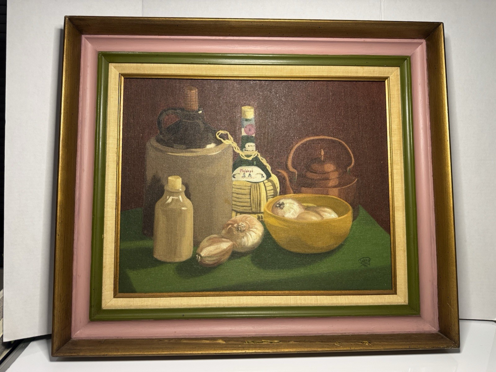 Vintage Original Oil Painting Still Life Onions Pottery Bottle Framed Canvas