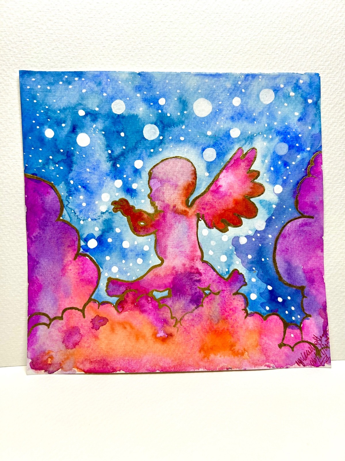 Watercolor Painting Original Angels Pink Magenta Orange Silhouette Memorial Art