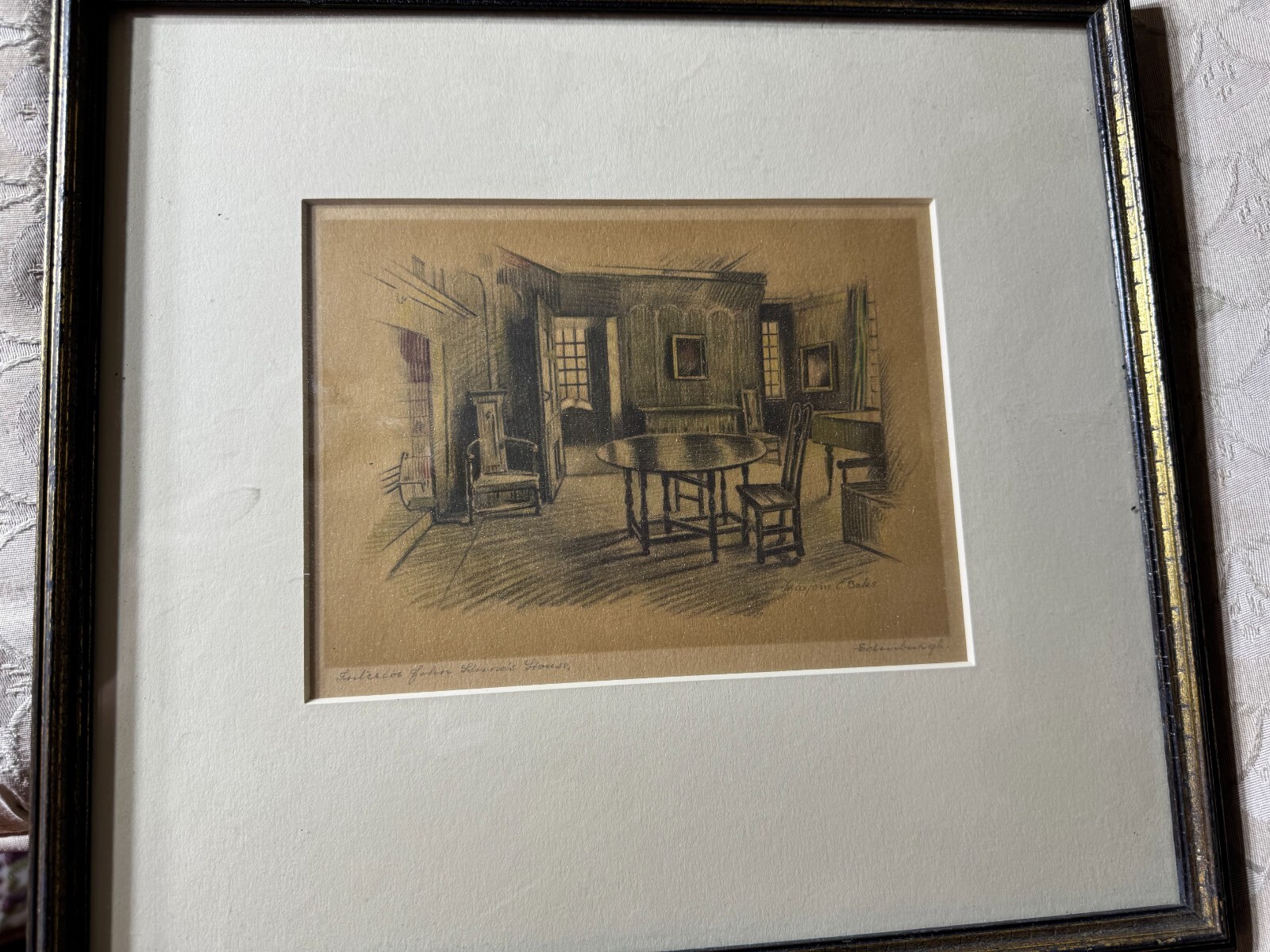 Marjorie C Bales «Interior John Dorsey House» Pencil & Ink Drawing-Signed/Framed