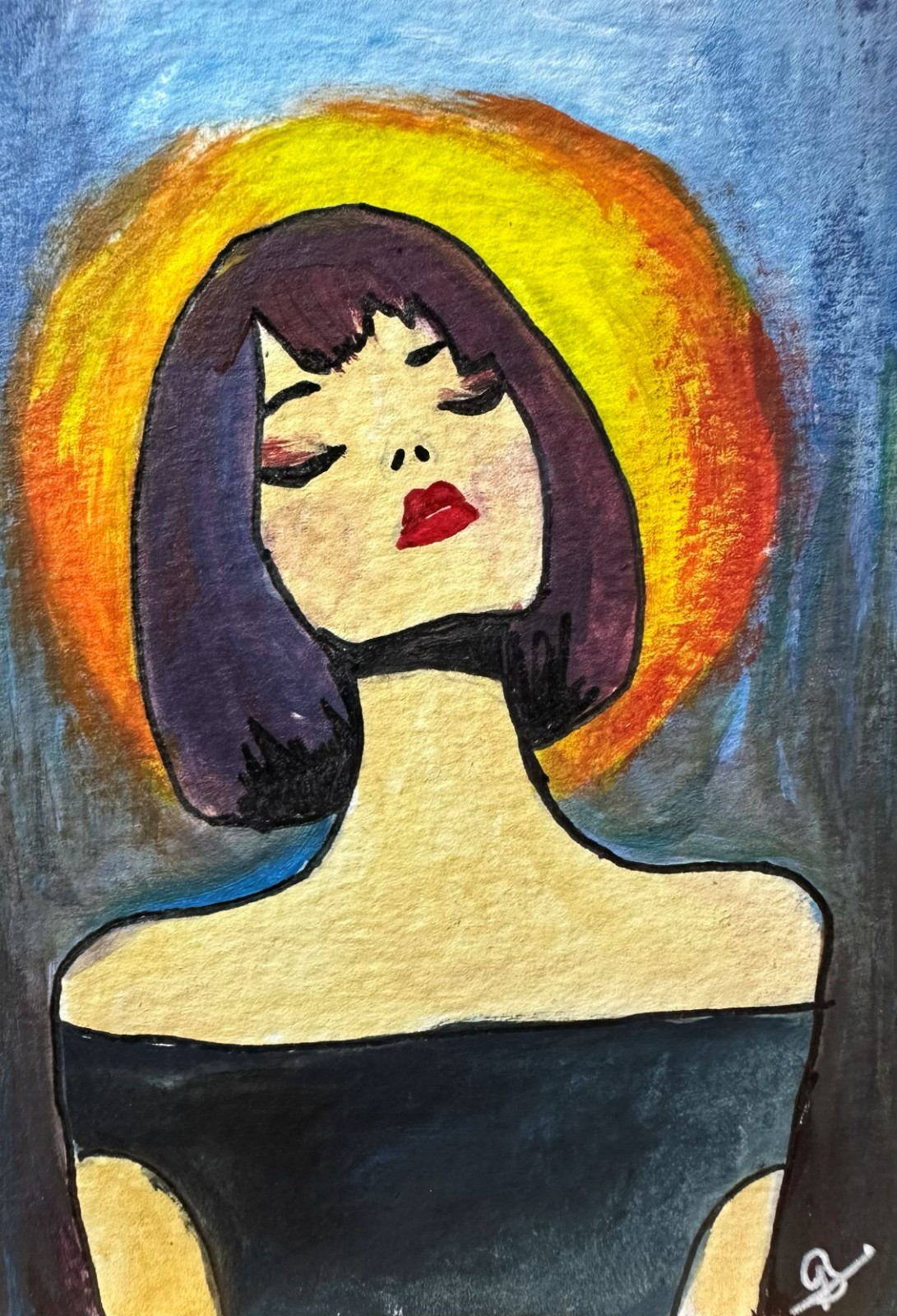 ACEO Original Acrylic Painting Woman Portrait Halo Sunset RedLips Figure Pop Art