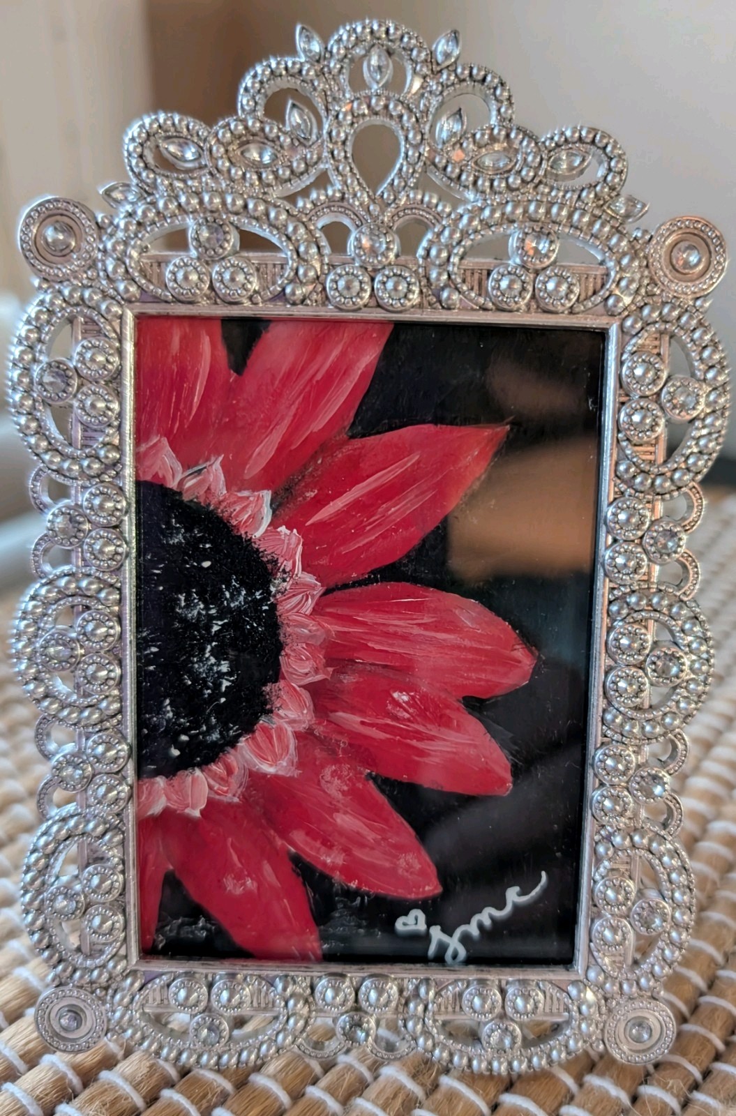 ACEO Acrylic Painting» Flower ,Floral» Original, Signed,Vtg Frame