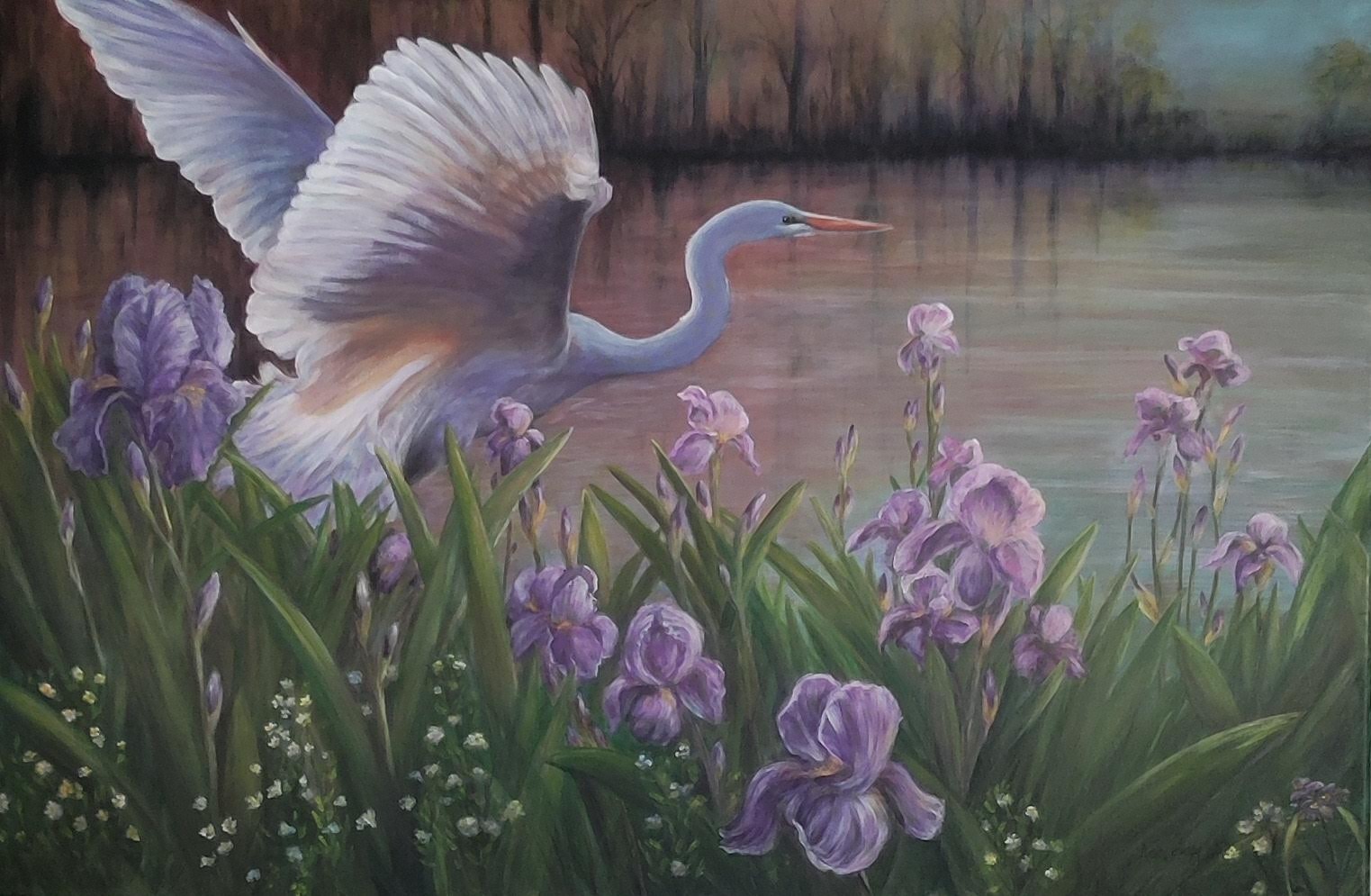 Original Expressive 24 x 36 Egret In Flight Acrylic Canvas Art Painting