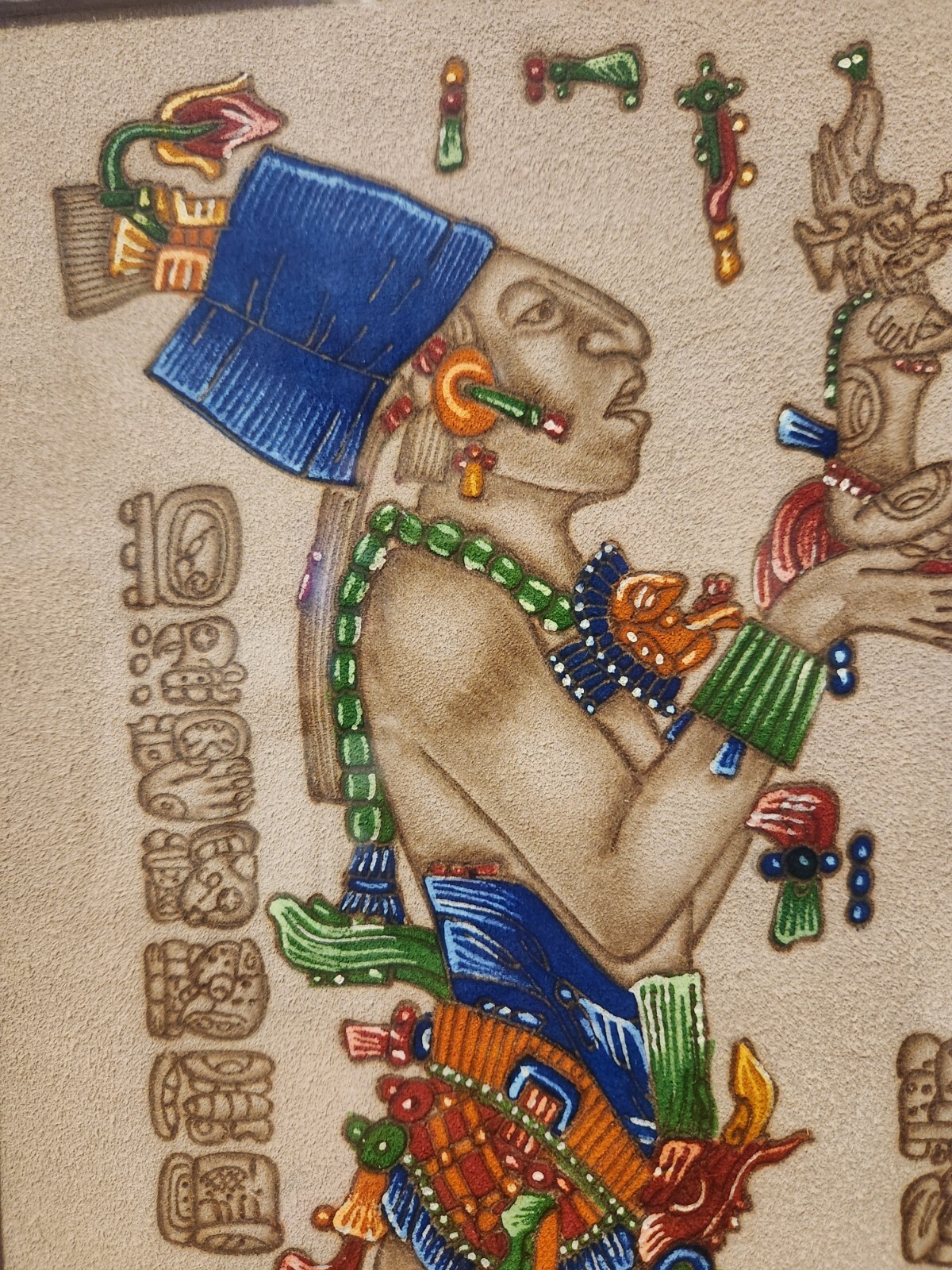 Custom Framed Mayan Pyrography Suede Leather Painting of Chan-Bahlum 16″ x 28″