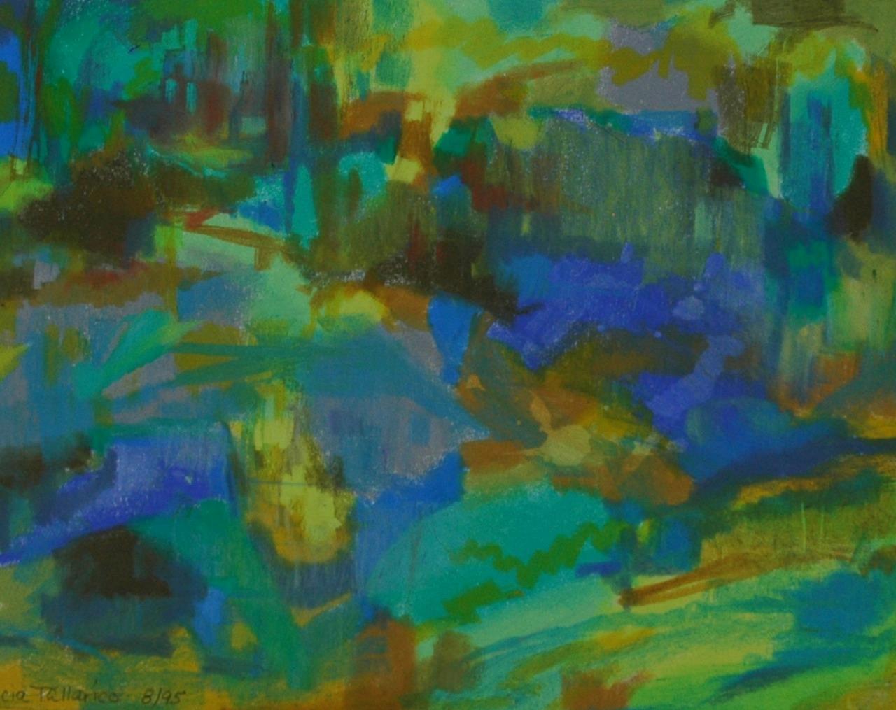 Colorful Abstract Oil Crayon Landscape by Artist Lucia Tallarico (1919-2014)
