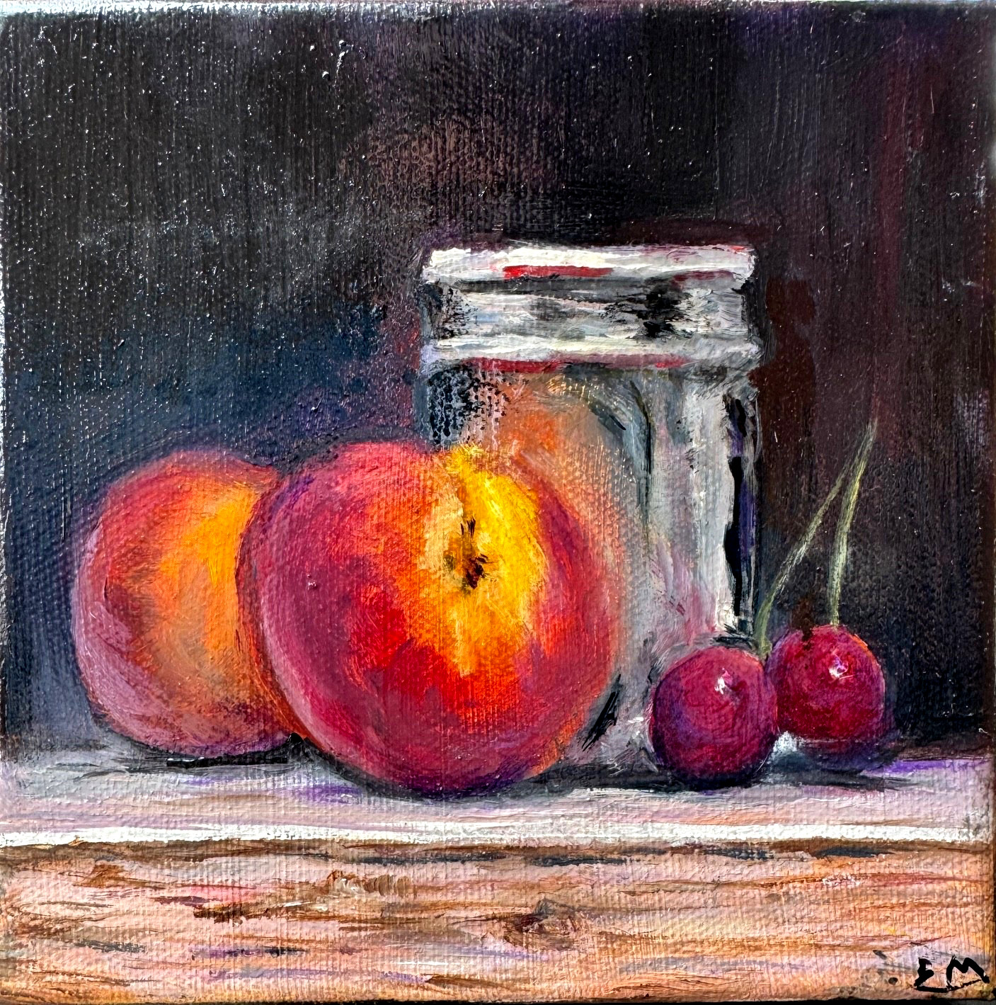 Peaches Cherries oil painting on canvas Elena Meyer not framed 8″ x8″