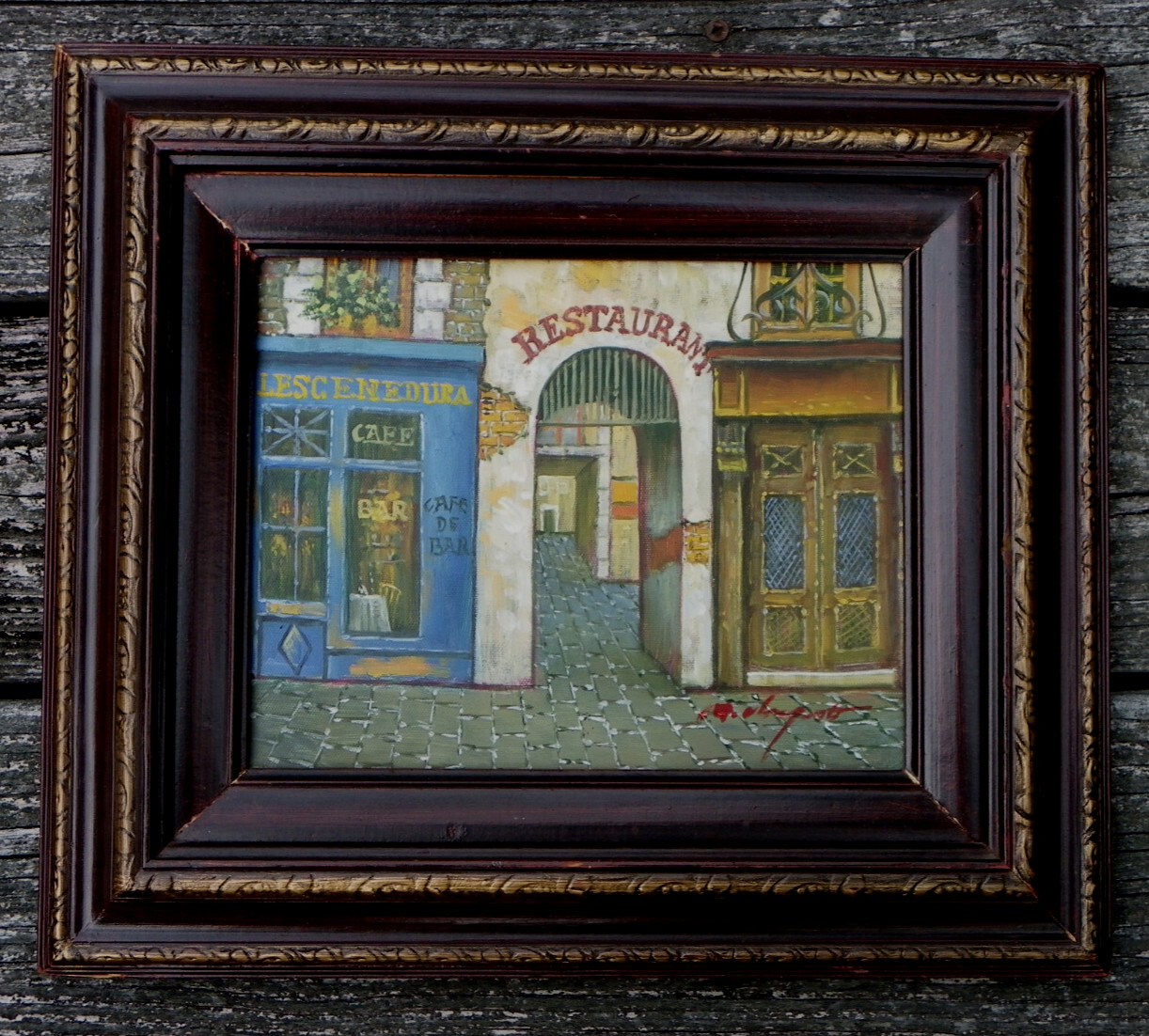 15 1/2″x13 1/2″ Framed & Signed Oil on Canvas Painting-Street Scene-Wooden Frame
