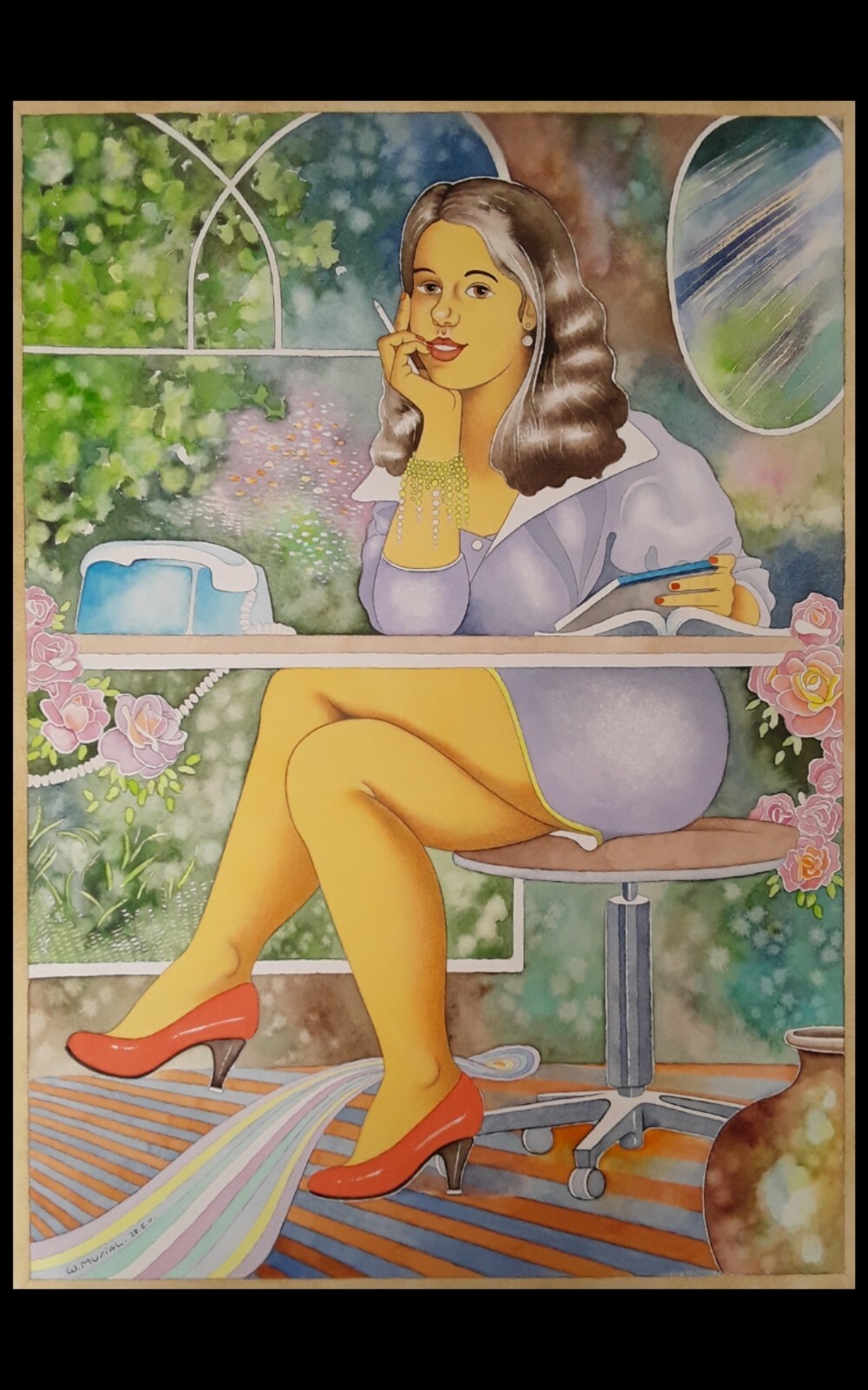Erotic, Large Watercolour 50 x 70 cm, «The Beautiful Secretary», LOVELY LISA Art.