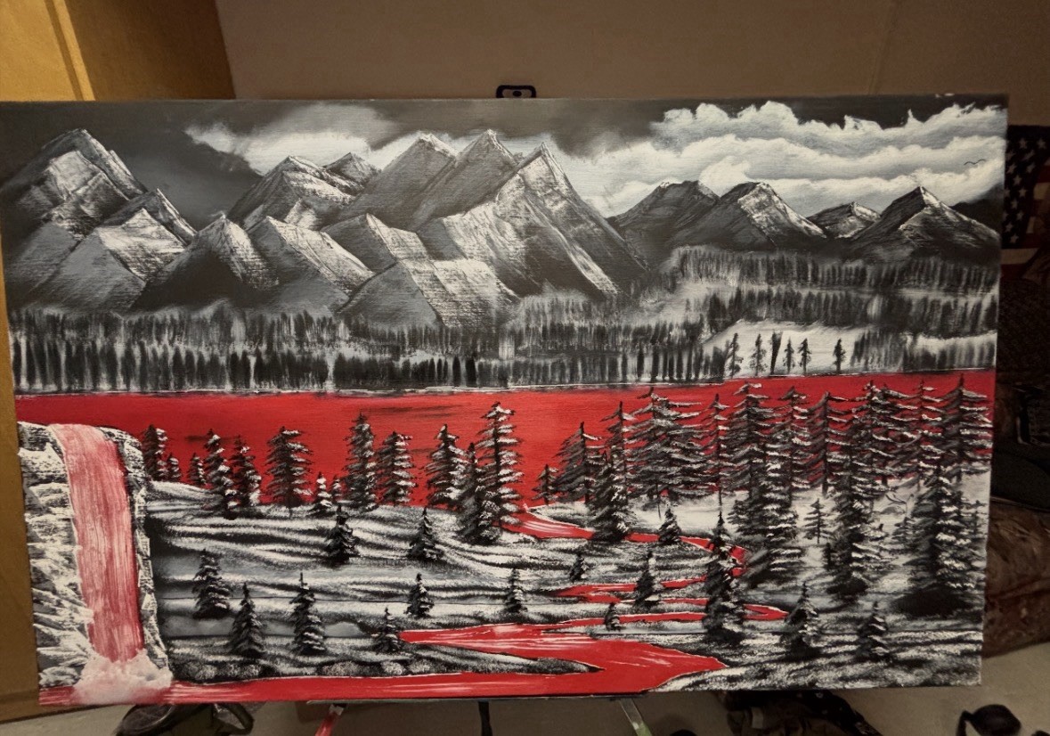 Mountains, Red River, Forest Oil Painting on Canvas, Contemporary Art