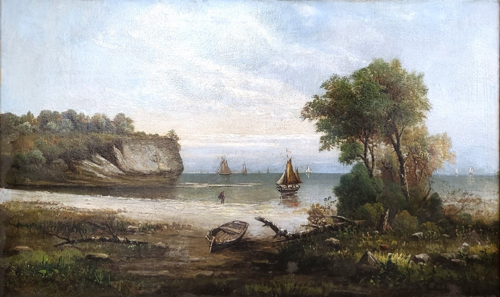 X-Large ANTIQUE Gilt Framed 19th C SEASCAPE Coastal SAILBOAT Scene OIL PAINTING