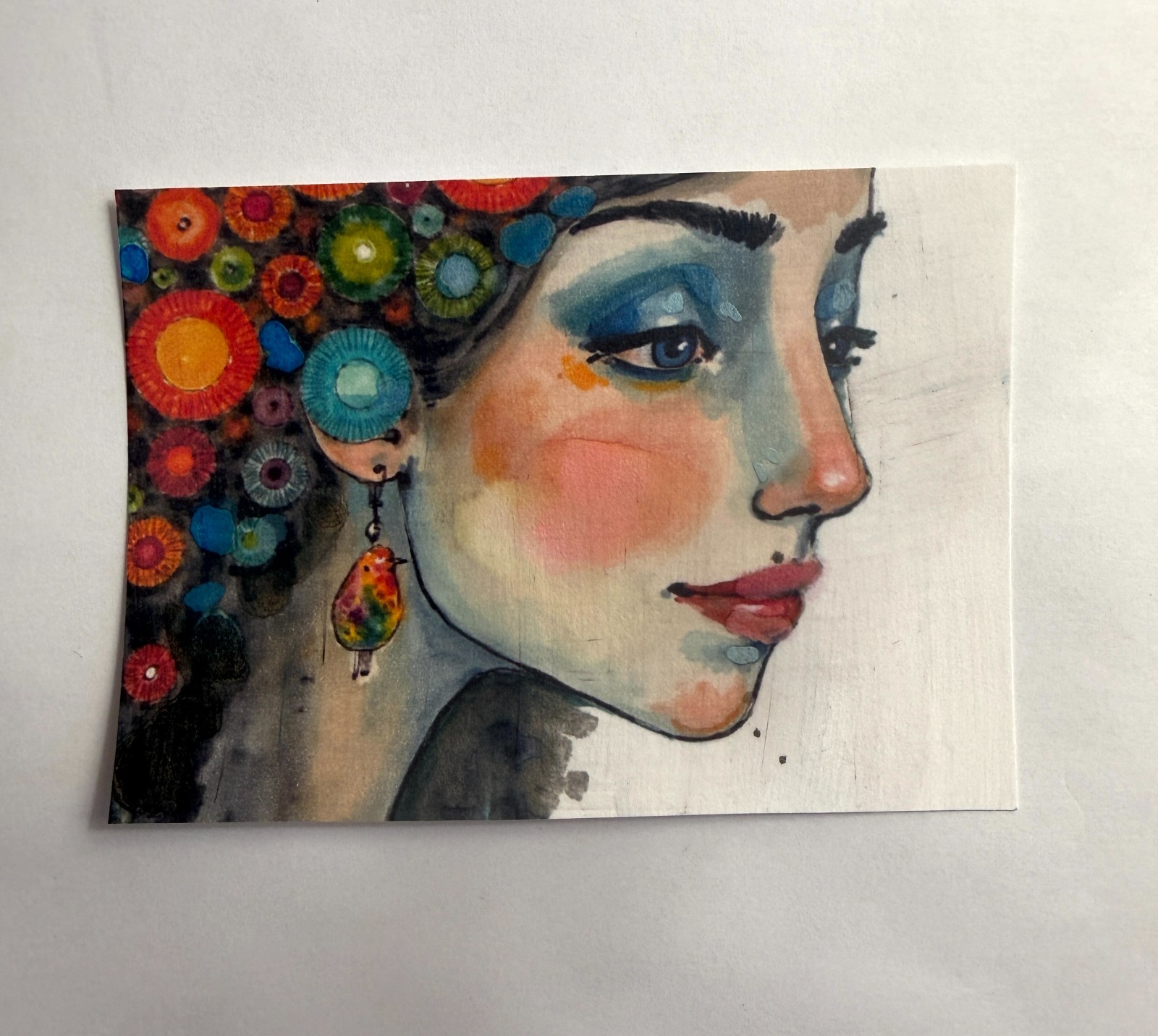 Original Profile Portrait ACEO Painting Woman Bird Earring Watercolor OOAK Minia