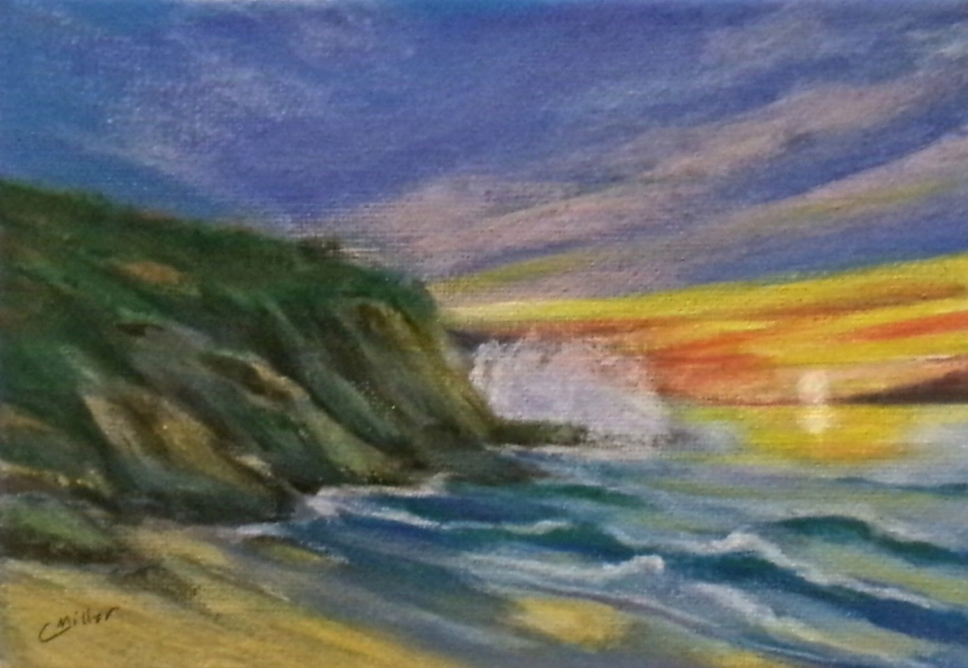 Original Painting Seascape Sunset Crashing Wave 5×7 Wall Art Signed Decor