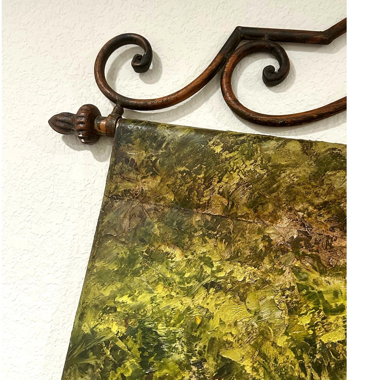 Wrought Iron Wall Hanging Hand Painted Oil Canvas Autumn Forest Scene 36” x 42”