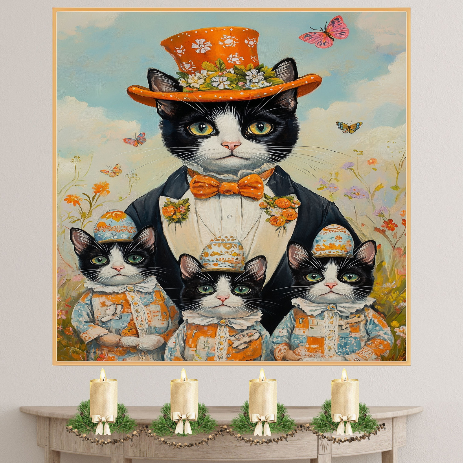 Whimsical Easter Charm: Tuxedo Cat on Flat Rolled, Framed or Wrapped Canvas