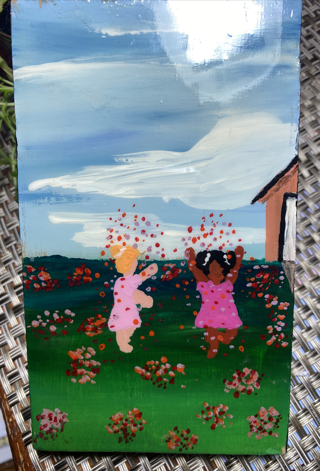 Small Folk Art Painting Black and White Child Celebrating in Meadow 3 1/2″ by 6″