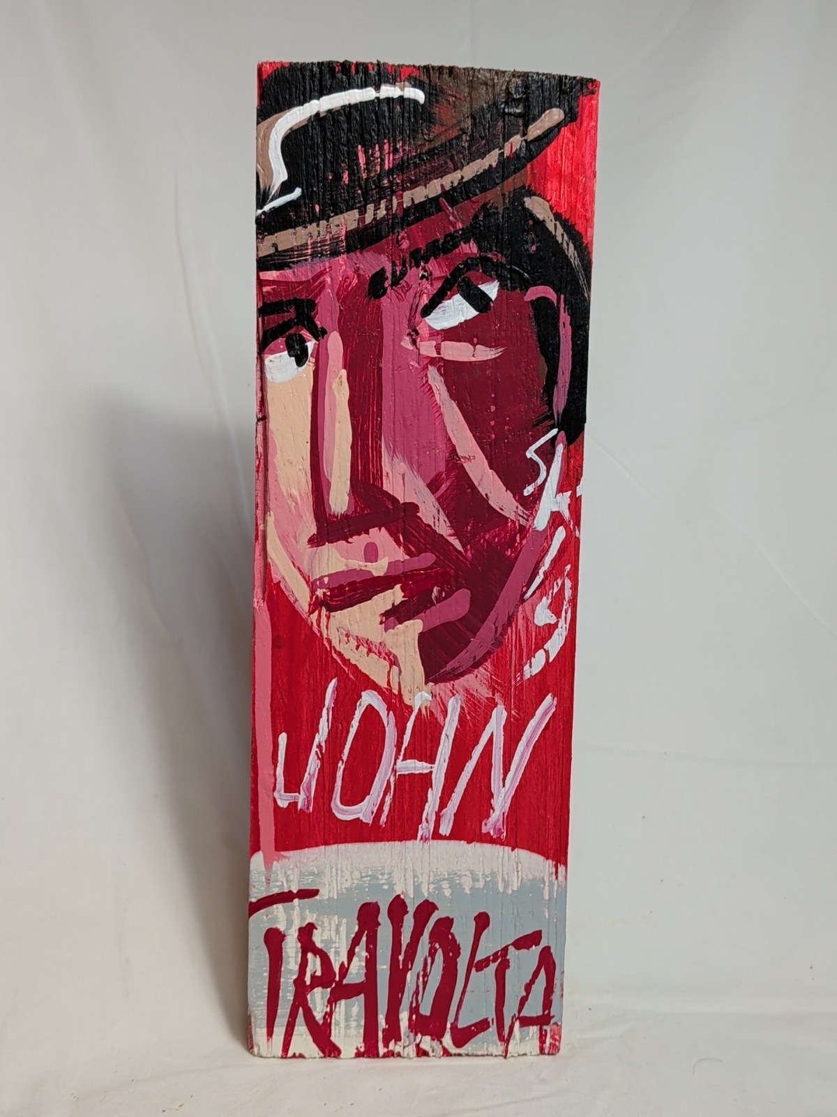 Steve Keene Original Painting John Travolta Art on Wood Plank 13×5 Actor Portrai