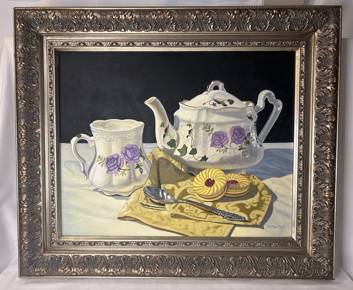 Large Oil Painting “Time for Tea II” Diana Fritch Realism Ornate Frame 26×22”