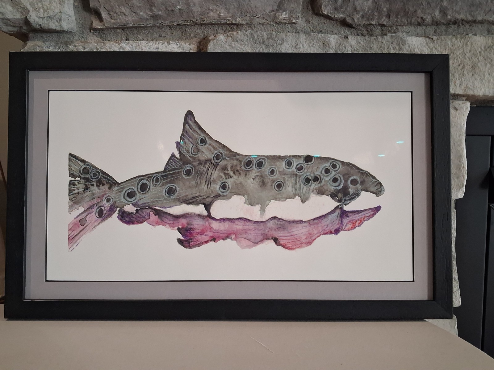 Original Signed Abstract Watercolor of A Salmon Print by Artist